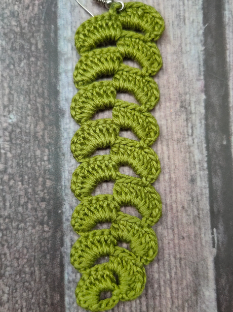 Green Hand Knitted Long Dangler Crochet Earrings