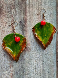 Terracotta Clay Brown and Green Hand Painted Leaf Earrings