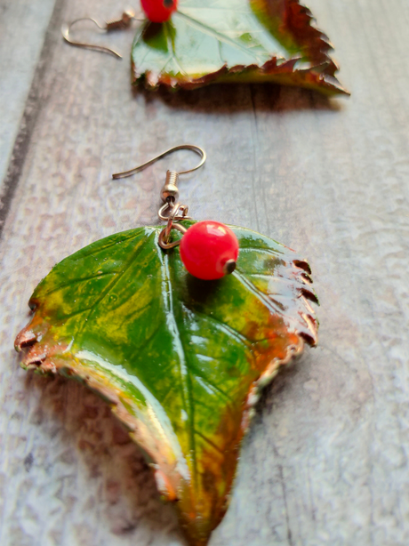 Terracotta Clay Brown and Green Hand Painted Leaf Earrings