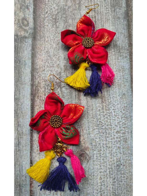 Handcrafted Red Flower Fabric Earrings with Multi-Color Pom Pom Ends