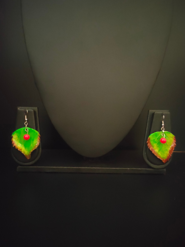 Terracotta Clay Brown and Green Hand Painted Leaf Earrings