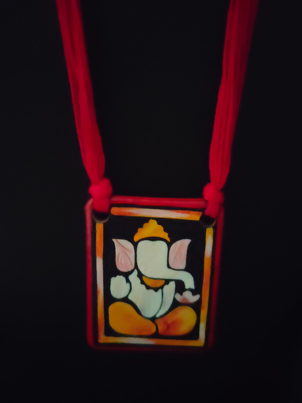 Handmade Ganesha Terracotta Necklace Set with Red Thread Closure