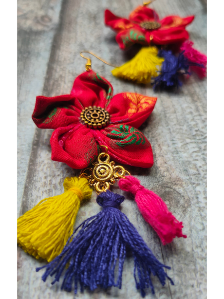 Handcrafted Red Flower Fabric Earrings with Multi-Color Pom Pom Ends