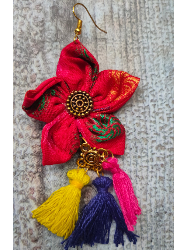 Handcrafted Red Flower Fabric Earrings with Multi-Color Pom Pom Ends