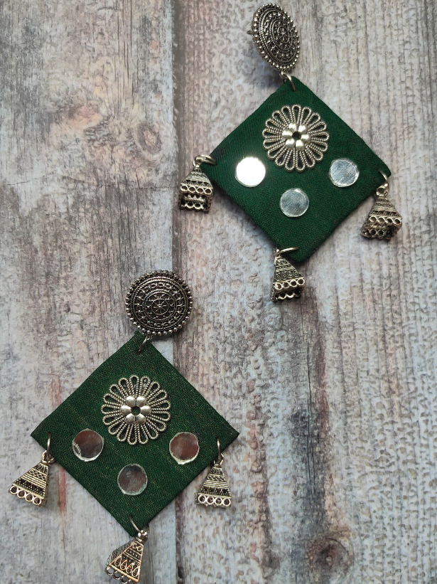 Ethnic Mirror Work Fabric Earrings with Jhumka Danglers