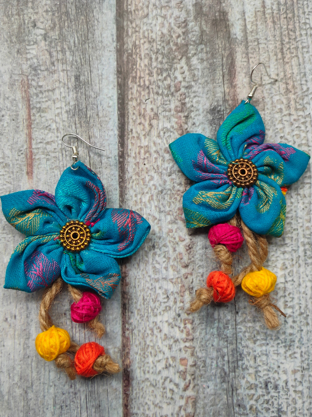 Handcrafted Sky Blue Flower Fabric Earrings with Jute Danglers