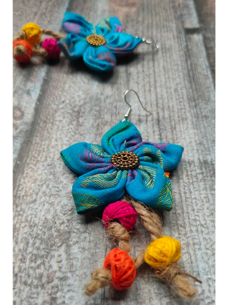 Handcrafted Sky Blue Flower Fabric Earrings with Jute Danglers
