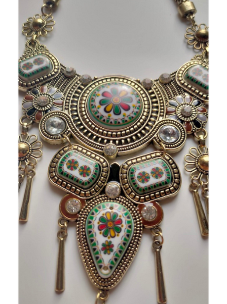 Antique Gold Finish Intricately Detailed Flowers Painted Necklace