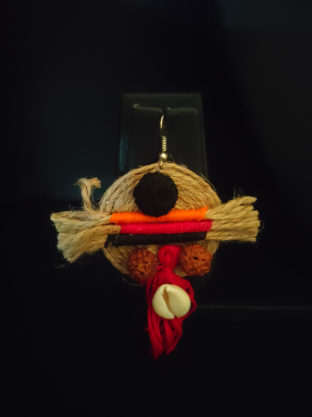 Handcrafted Jute and Fabric Thread Earrings with Shells and Rudraksha