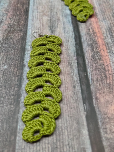 Green Hand Knitted Long Dangler Crochet Earrings