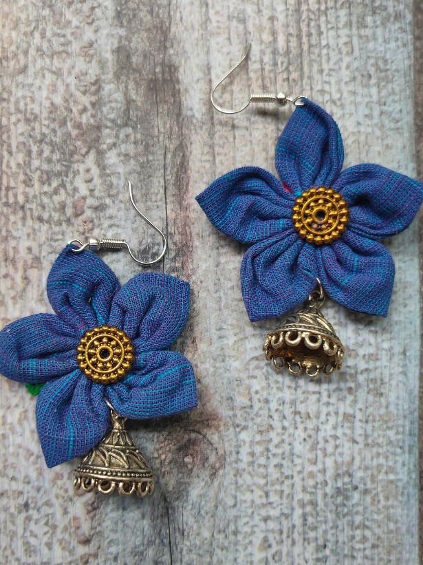 Handcrafted Blue Flower Fabric Earrings with Metal Jhumka Danglers