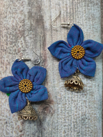 Load image into Gallery viewer, Handcrafted Blue Flower Fabric Earrings with Metal Jhumka Danglers
