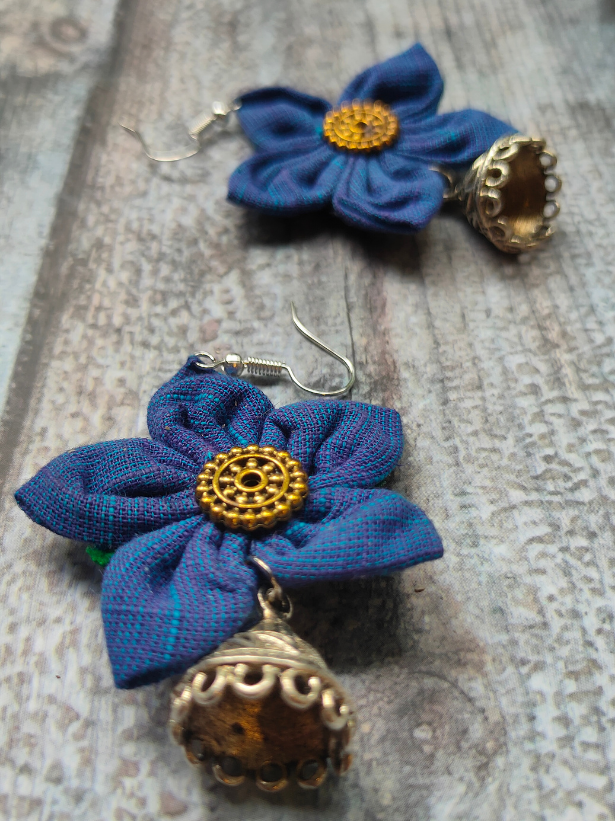 Handcrafted Blue Flower Fabric Earrings with Metal Jhumka Danglers