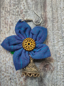 Handcrafted Blue Flower Fabric Earrings with Metal Jhumka Danglers