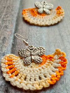 Orange and White Dual Tone Hand Knitted Crochet Earrings