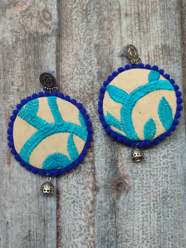 Hand Embroidered Fabric Earrings with Metal Jhumka Danglers
