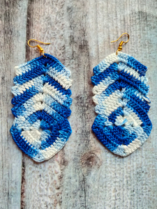 Blue and White Dual Tone Hand Knitted Crochet Dangler Earrings