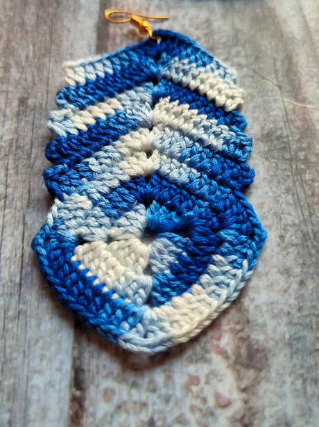 Blue and White Dual Tone Hand Knitted Crochet Dangler Earrings