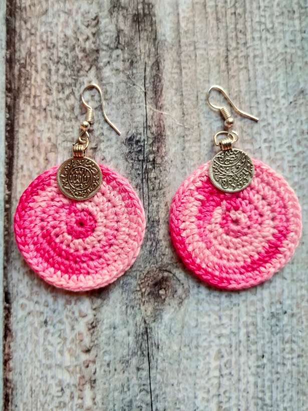 Pink and White Dual Tone Hand Knitted Crochet Earrings