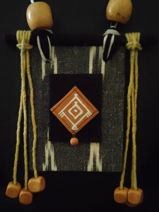 Grey Ikat Fabric Necklace Set with Wooden Beads Strands and Thread Closure
