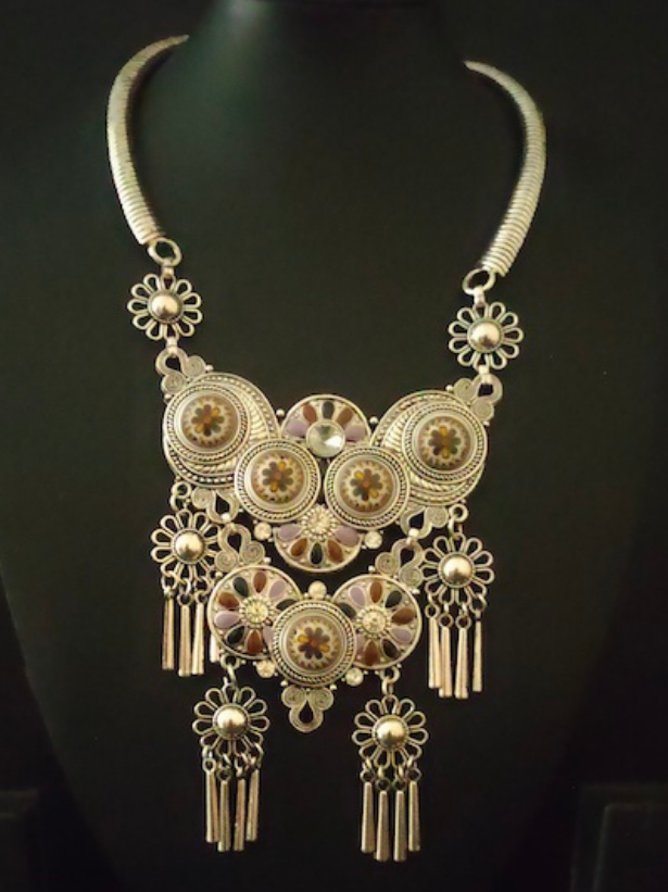 Intricately Detailed Flowers Painted and Stones Embedded Necklace
