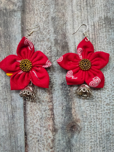 Handcrafted Red Flower Fabric Earrings with Metal Jhumka Danglers