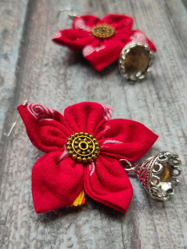 Handcrafted Red Flower Fabric Earrings with Metal Jhumka Danglers