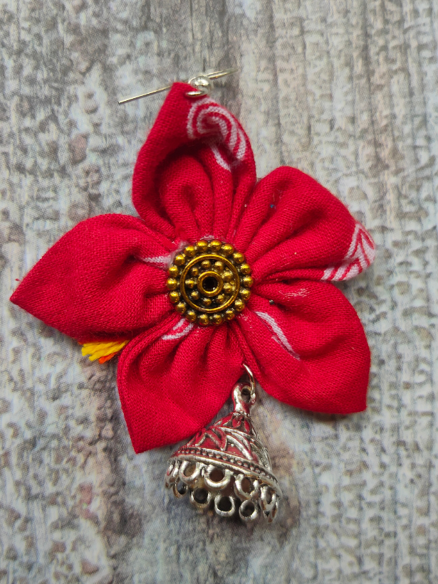 Handcrafted Red Flower Fabric Earrings with Metal Jhumka Danglers