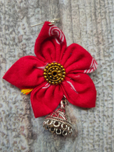 Handcrafted Red Flower Fabric Earrings with Metal Jhumka Danglers