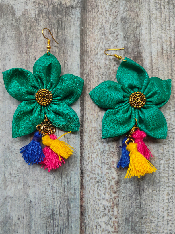 Handcrafted Sea Green Flower Fabric Earrings with Multi Color Pom Pom Danglers