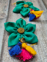 Load image into Gallery viewer, Handcrafted Sea Green Flower Fabric Earrings with Multi Color Pom Pom Danglers
