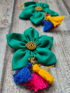 Handcrafted Sea Green Flower Fabric Earrings with Multi Color Pom Pom Danglers