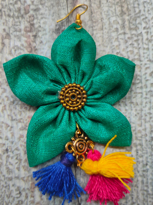 Handcrafted Sea Green Flower Fabric Earrings with Multi Color Pom Pom Danglers