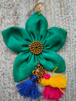 Load image into Gallery viewer, Handcrafted Sea Green Flower Fabric Earrings with Multi Color Pom Pom Danglers
