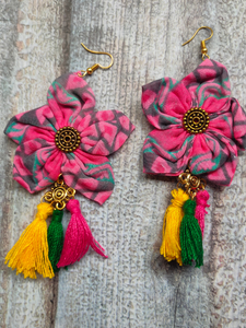 Handcrafted Pink & Grey Flower Fabric Earrings with Multi Color Pom Pom Danglers