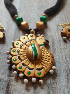 Peacock Shape Handmade Terracotta Clay Necklace Set with Thread Closure