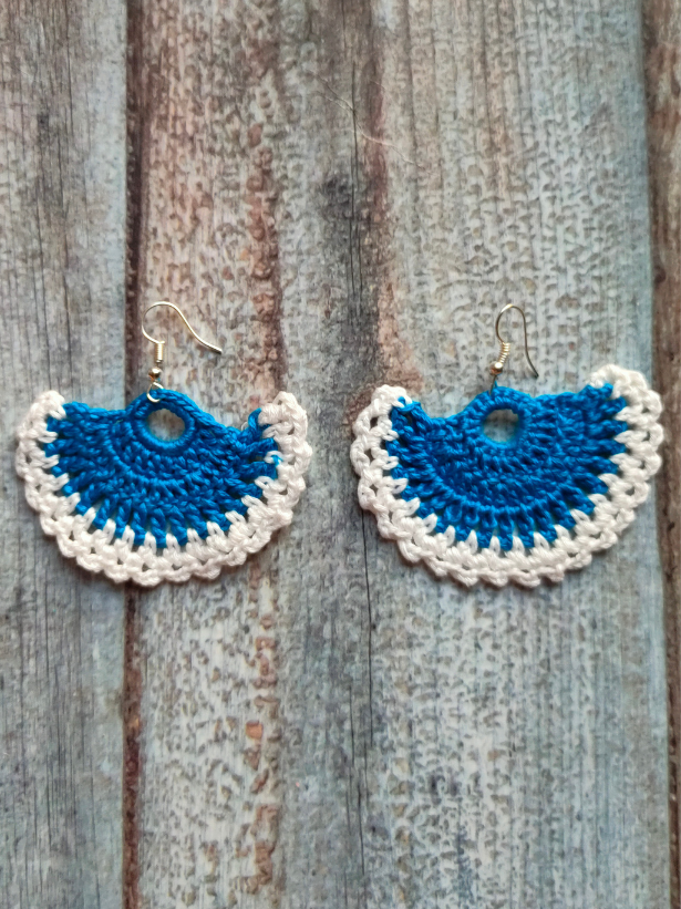 Dual Tone Blue and White Hand Knitted Crochet Dangler Earrings