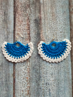 Load image into Gallery viewer, Dual Tone Blue and White Hand Knitted Crochet Dangler Earrings
