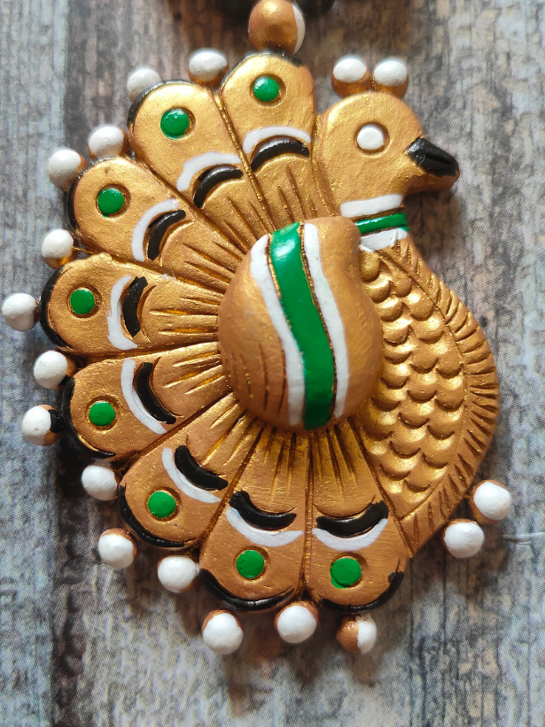 Peacock Shape Handmade Terracotta Clay Necklace Set with Thread Closure