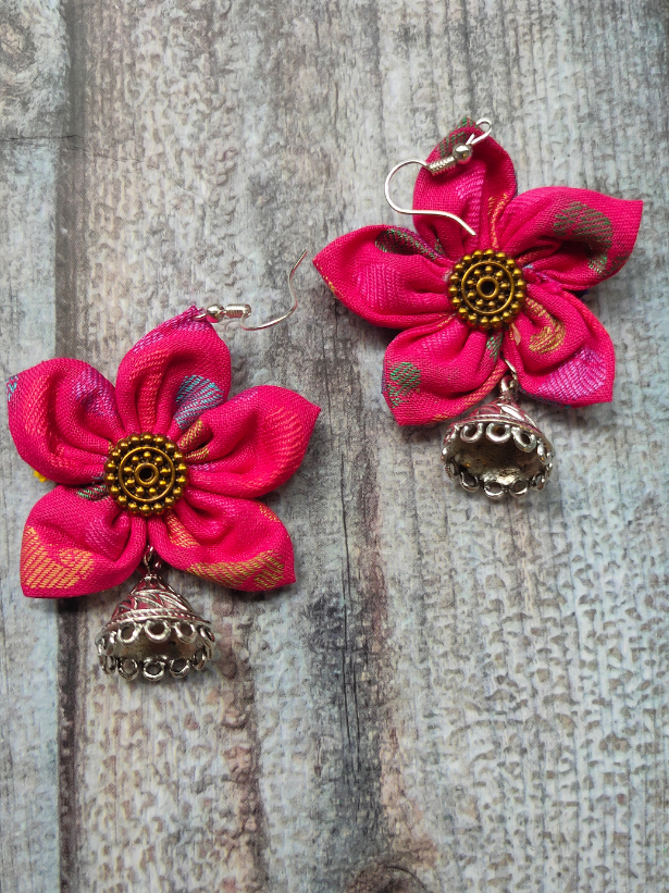 Handcrafted Fuchsia Flower Fabric Earrings with Jhumka Danglers