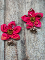 Load image into Gallery viewer, Handcrafted Fuchsia Flower Fabric Earrings with Jhumka Danglers
