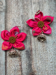 Handcrafted Fuchsia Flower Fabric Earrings with Jhumka Danglers