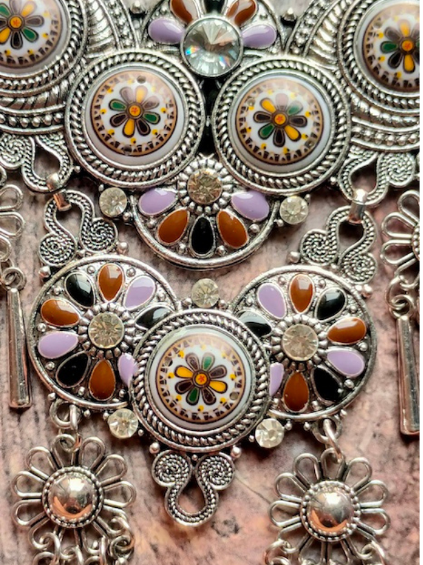 Intricately Detailed Flowers Painted and Stones Embedded Necklace