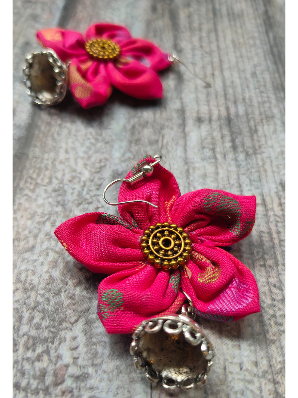 Handcrafted Fuchsia Flower Fabric Earrings with Jhumka Danglers
