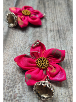 Load image into Gallery viewer, Handcrafted Fuchsia Flower Fabric Earrings with Jhumka Danglers
