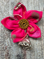 Load image into Gallery viewer, Handcrafted Fuchsia Flower Fabric Earrings with Jhumka Danglers
