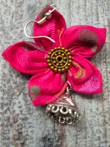 Handcrafted Fuchsia Flower Fabric Earrings with Jhumka Danglers