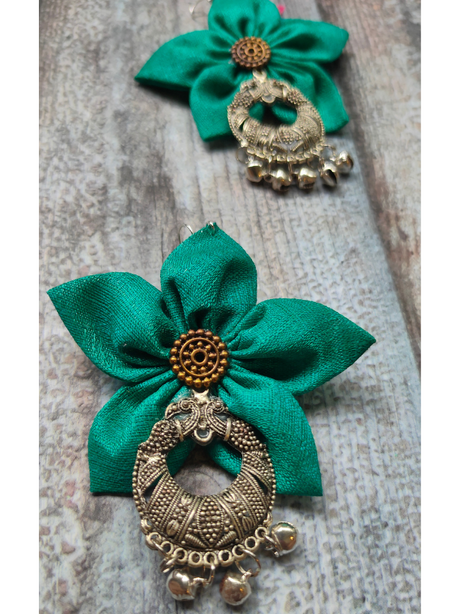 Handcrafted Sea Green Flower Fabric Earrings with Peacock Motif Metal Danglers