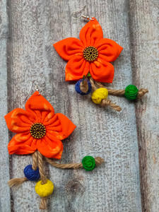 Handcrafted Fun Orange Flower Fabric Earrings with Jute Danglers