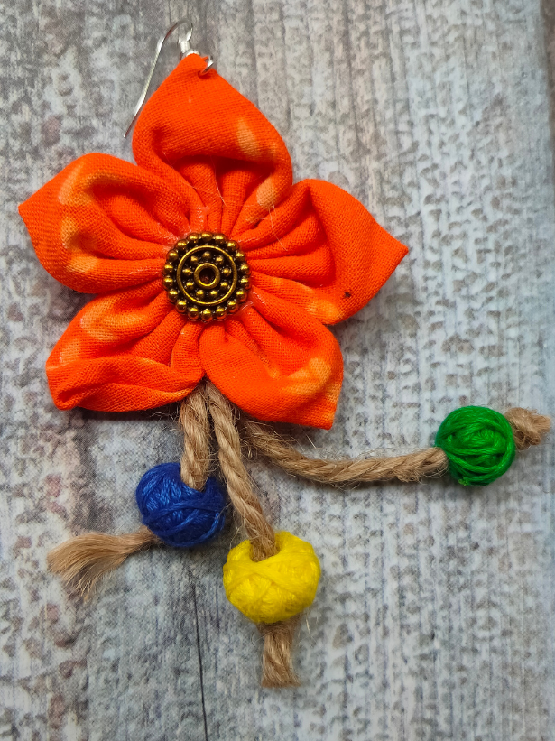 Handcrafted Fun Orange Flower Fabric Earrings with Jute Danglers